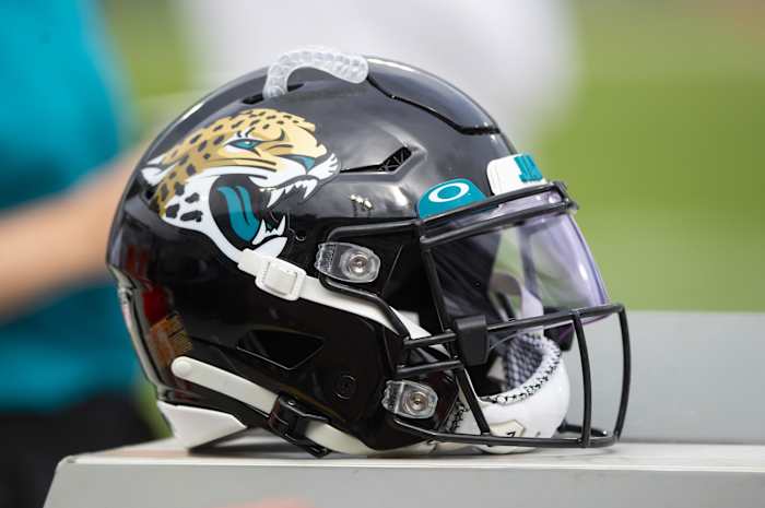 Sep 19, 2021; Jacksonville, Florida, USA; Detailed view of a Jacksonville Jaguars football helmet against the Denver Broncos at TIAA Bank Field.
